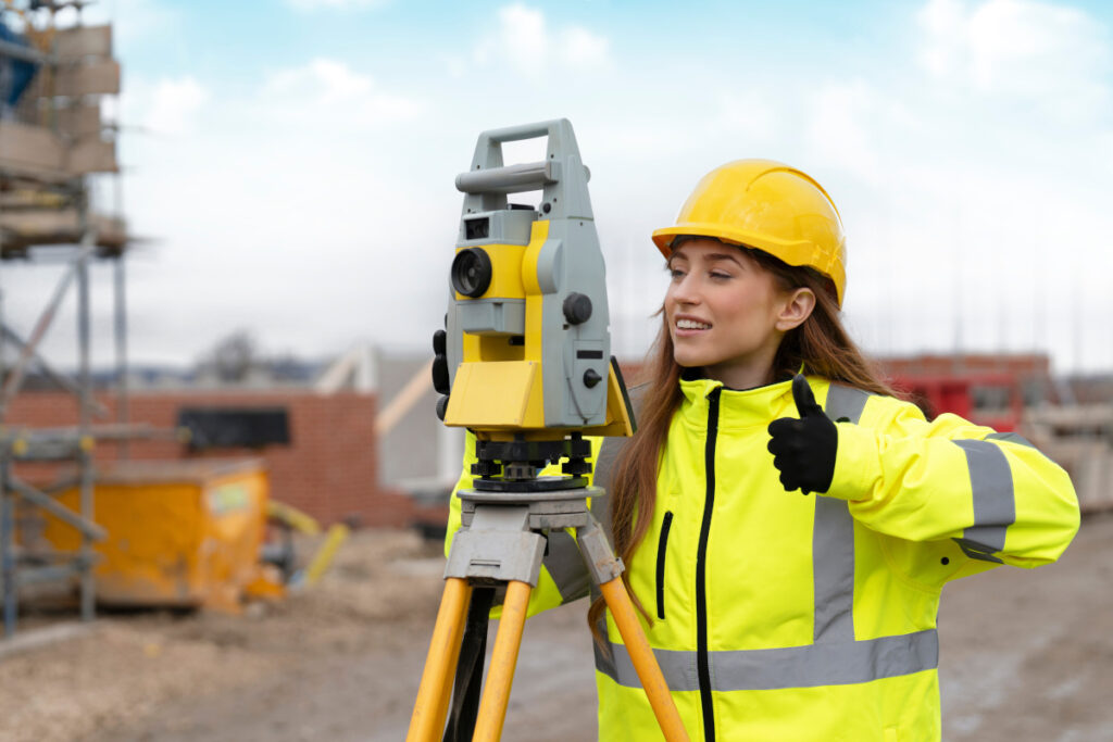 Vermessungstechnikerin in Ausbildung auf einer Baustelle.